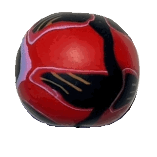 A gif of a handmade polymer clay bead in red, black, and mauve with an abstract floral design. The bead is spinning around an invisible axis